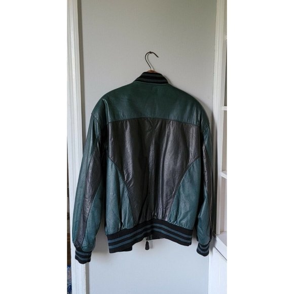 Vintage Toma Mens Leather Jacket Green Black Bomber Medium - Picture 6 of 11